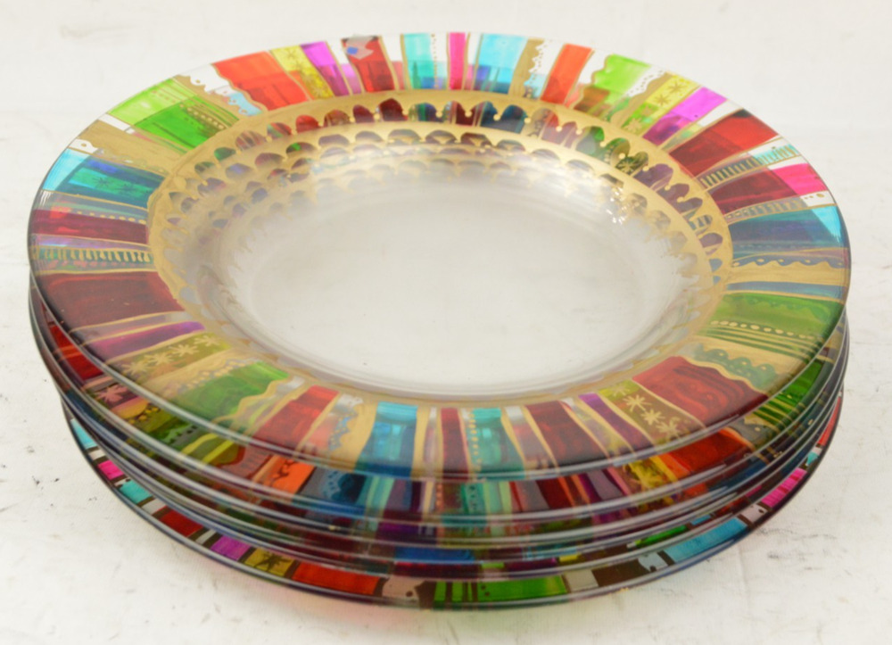 Pier 1 Festive Stripe Rainbow Gold Accents Glass Salad Plates 8.25" Set of 6